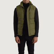 Bryan Green Puffer Vest 남성용 in Green Full-Grain Leather - Front Profile View &amp; Tailored Silhouette | Buy Online