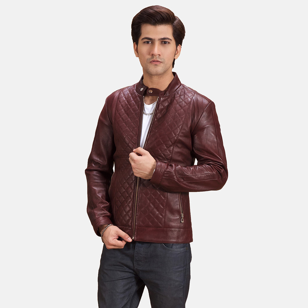 
Burgunn Dee 마룬 가죽 라이더 자켓 남성용 in Maroon Sheepskin Leather - 정면 스타일 및 테일러드 실루엣 | 공식 온라인 스토어 구매