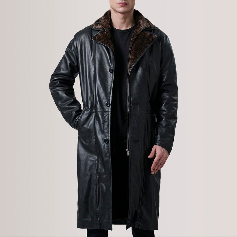 Cai 블랙 Leather Shearling 가죽 롱 코트 남성용