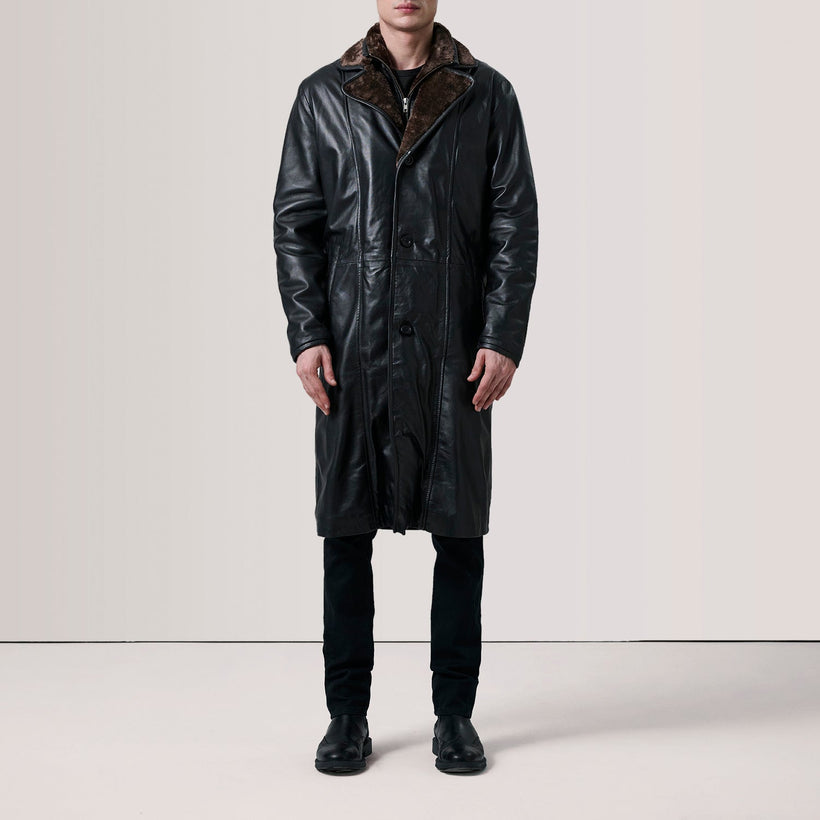 Cai 블랙 Leather Shearling 가죽 롱 코트 남성용