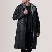 Cai Distressed 블랙 Leather Shearling 가죽 롱 코트 남성용 For Men in Distressed Black Sheepskin Snuffed - Front Profile View &amp; Tailored Silhouette | Buy Online