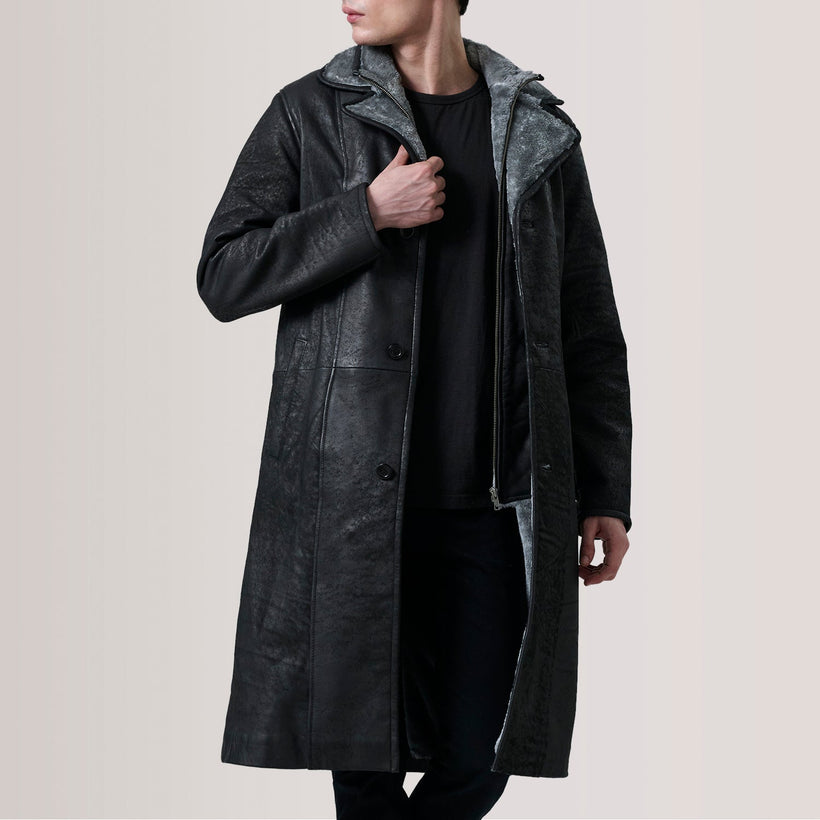 Cai Distressed 블랙 Leather Shearling 가죽 롱 코트 남성용