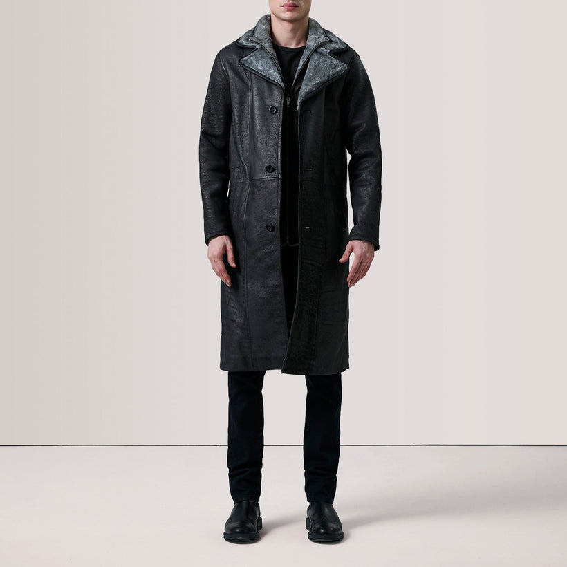 Cai Distressed 블랙 Leather Shearling 가죽 롱 코트 남성용