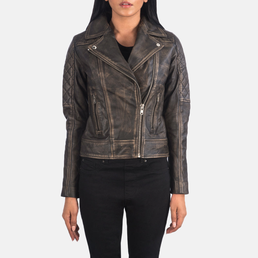
클로즈업 상세 of Notch & Zipper Hardware on Carolyn Quilted Distressed Brown Biker Jacket