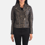 
클로즈업 상세 of Notch & Zipper Hardware on Carolyn Quilted Distressed Brown Biker Jacket
