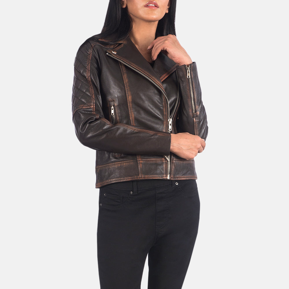 
클로즈업 상세 of Notch & Zipper Hardware on Carolyn Quilted Vintage Brown Biker Jacket
