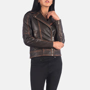 
클로즈업 상세 of Notch & Zipper Hardware on Carolyn Quilted Vintage Brown Biker Jacket