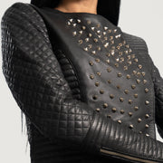 Women's Celeste Studded 블랙 가죽 자켓 여성용 - Lateral Side Profile View Showing Sleeve Cut &amp; Athletic Taper Fit