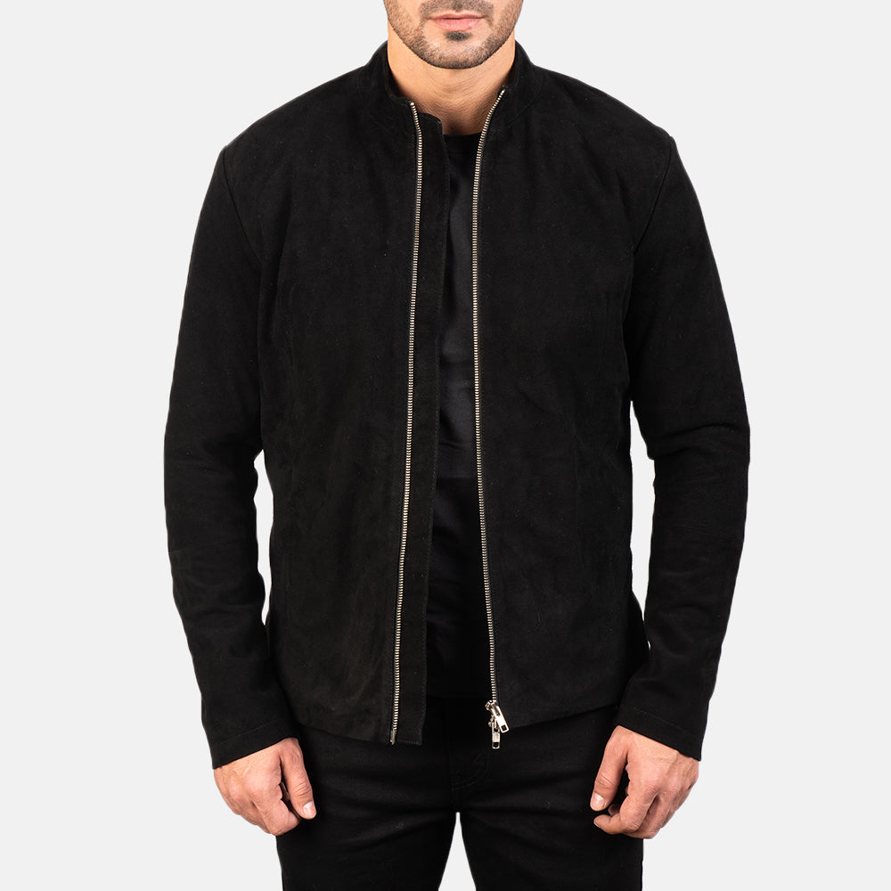 Men's Charcoal 블랙 Suede 가죽 라이더 자켓 남성용 in Black Goatskin Suede - Front Profile View &amp; Tailored Silhouette | Buy Online
