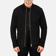 Men's Charcoal 블랙 Suede 가죽 라이더 자켓 남성용 in Black Goatskin Suede - Front Profile View &amp; Tailored Silhouette | Buy Online
