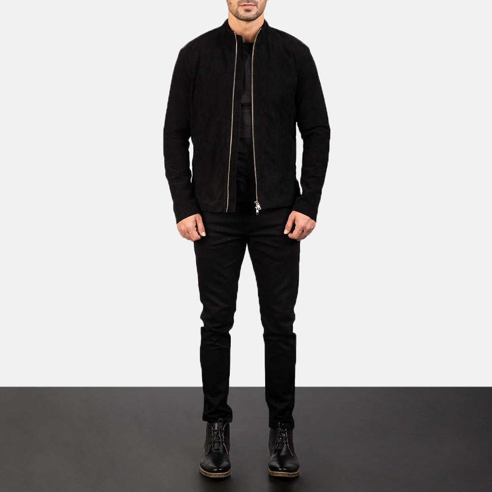 Men's Charcoal 블랙 Suede 가죽 라이더 자켓 남성용 - Lateral Side Profile View Showing Sleeve Cut &amp; Athletic Taper Fit