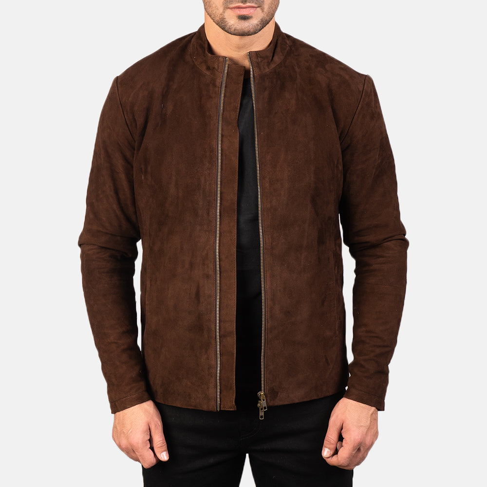 Men's Charcoal Mocha Suede 가죽 라이더 자켓 남성용 in Dark Brown Goatskin Suede - Front Profile View &amp; Tailored Silhouette | Buy Online