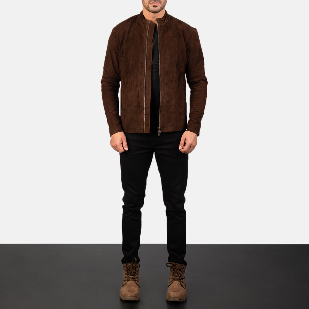 Men's Charcoal Mocha Suede 가죽 라이더 자켓 남성용 - Lateral Side Profile View Showing Sleeve Cut &amp; Athletic Taper Fit