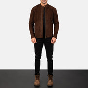 Men's Charcoal Mocha Suede 가죽 라이더 자켓 남성용 - Lateral Side Profile View Showing Sleeve Cut &amp; Athletic Taper Fit