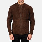 Close-Up Detail of Mandarin &amp; Zipper with Dual Puller Hardware on Men's Charcoal Mocha Suede 가죽 라이더 자켓 남성용