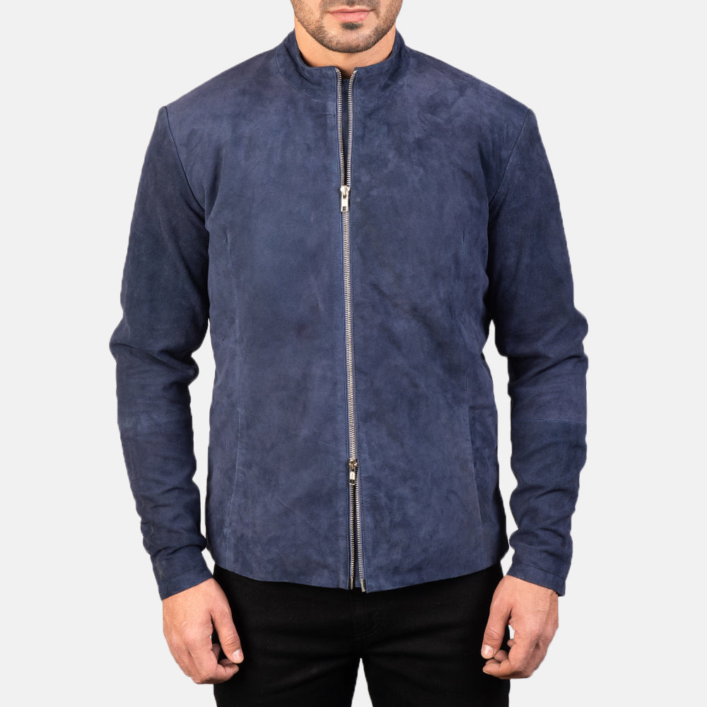 
클로즈업 상세 of Mandarin & Zipper with Dual Puller Hardware on Charcoal Navy 블루 Suede 가죽 라이더 자켓 남성용
