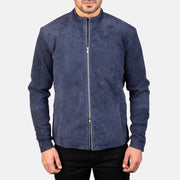 
클로즈업 상세 of Mandarin & Zipper with Dual Puller Hardware on Charcoal Navy 블루 Suede 가죽 라이더 자켓 남성용