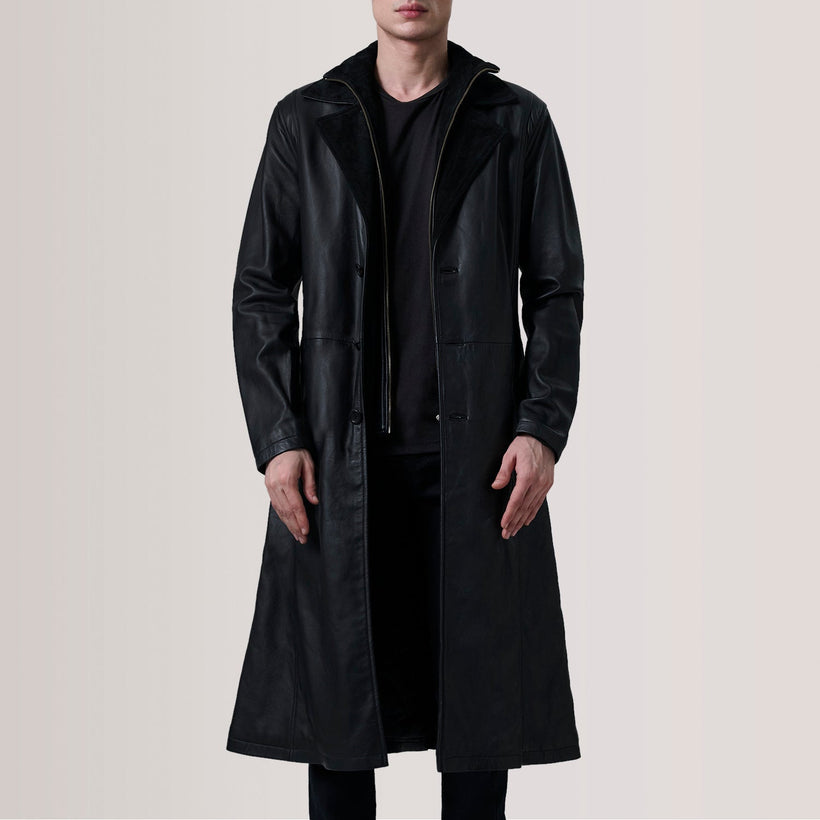 Charlton 블랙 Leather Single Breasted 가죽 코트 남성용