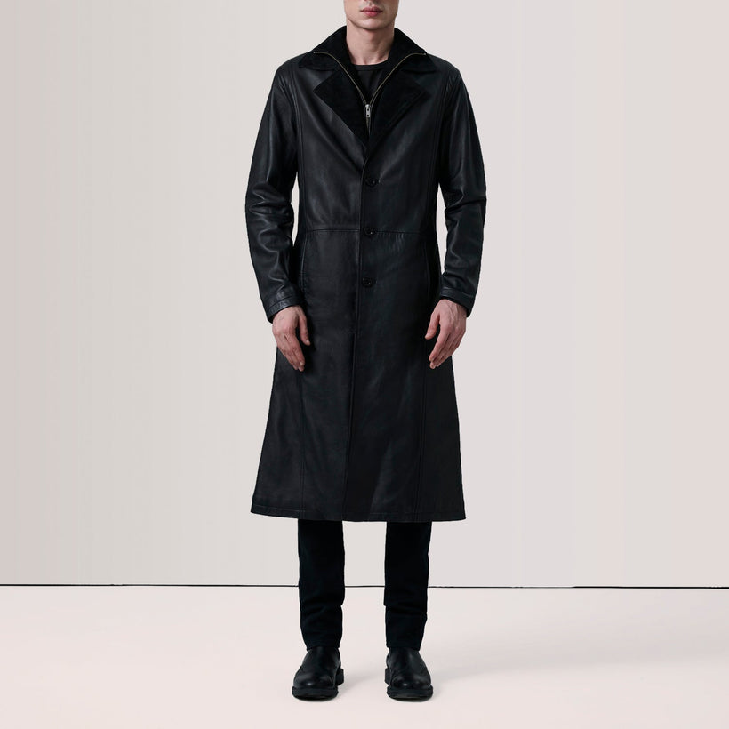 Charlton 블랙 Leather Single Breasted 가죽 코트 남성용
