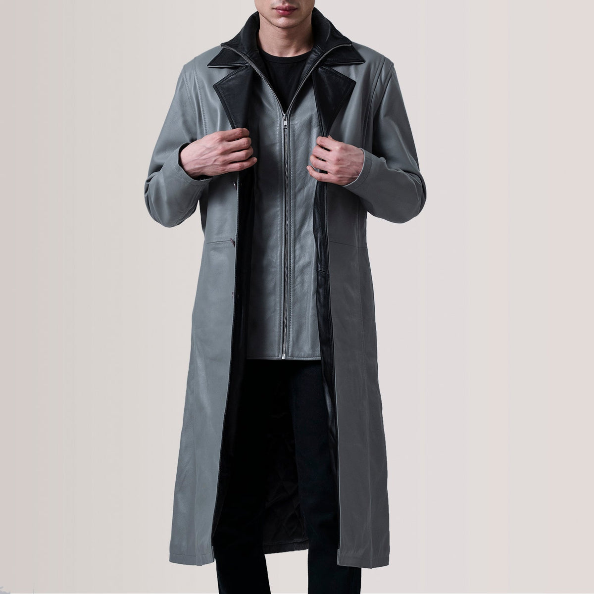 Charlton Grey Leather Single Breasted 가죽 롱 코트 남성용 For Men in Grey Sheepskin Leather - Front Profile View &amp; Tailored Silhouette | Buy Online