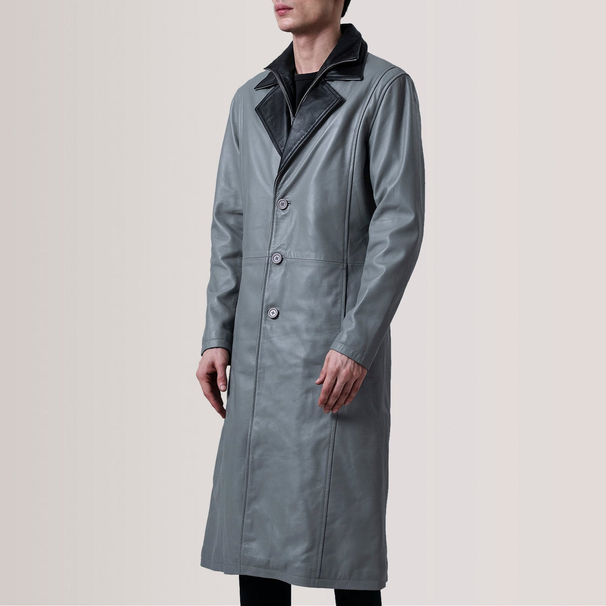 Charlton Grey Leather Single Breasted 가죽 롱 코트 남성용 For Men - Lateral Side Profile View Showing Sleeve Cut &amp; Athletic Taper Fit