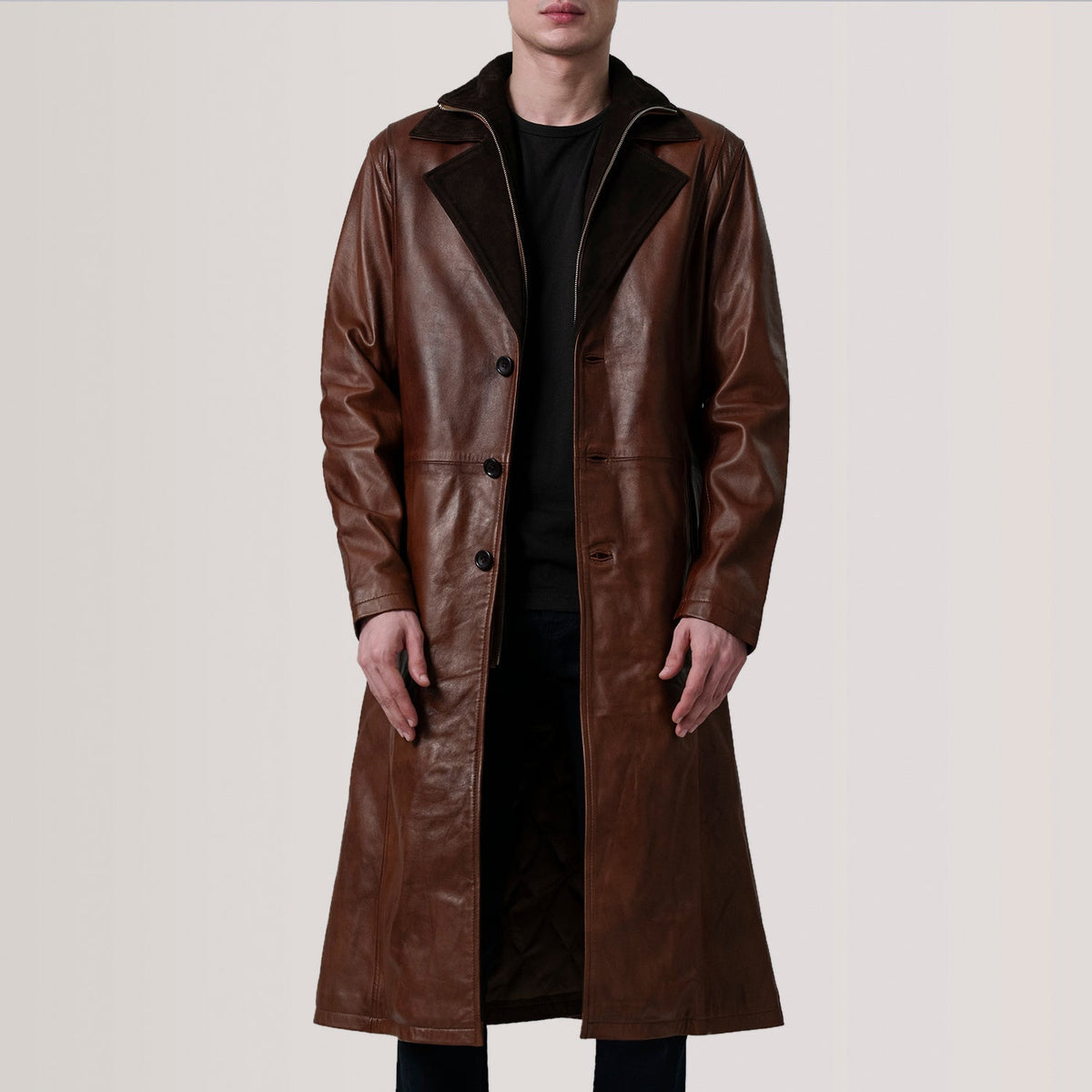 
Charlton Waxed 브라운 Leather Single Breasted 가죽 코트 남성용 For Men in Distressed Brown Sheepskin Burnished - 정면 스타일 및 테일러드 실루엣 | 공식 온라인 스토어 구매