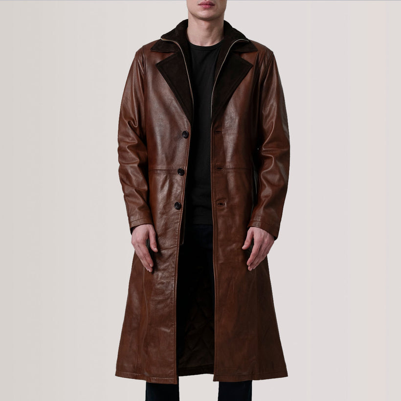 Charlton Waxed 브라운 Leather Single Breasted 가죽 코트 남성용