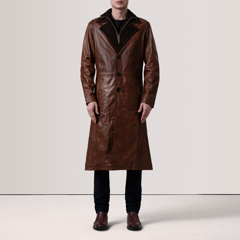 Charlton Waxed 브라운 Leather Single Breasted 가죽 코트 남성용