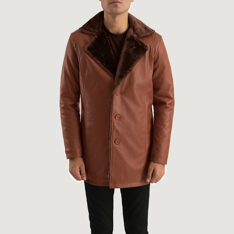 Cinnamon 브라운 Leather Fur 가죽 코트 남성용