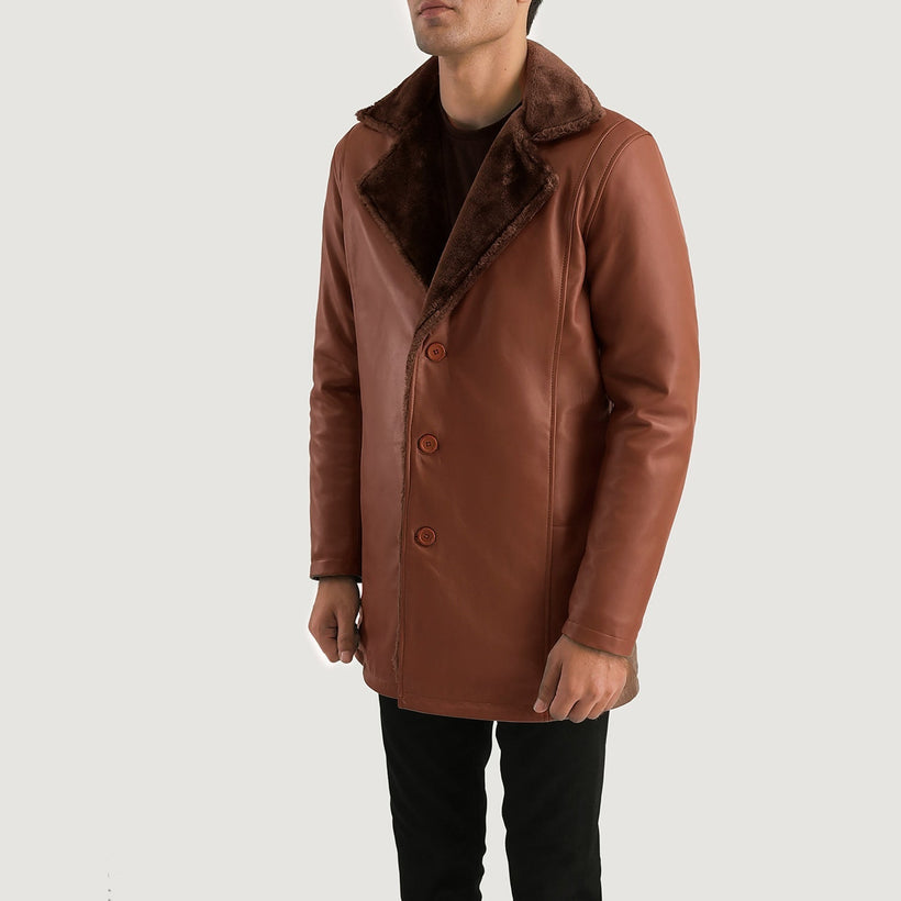 Cinnamon 브라운 Leather Fur 가죽 코트 남성용
