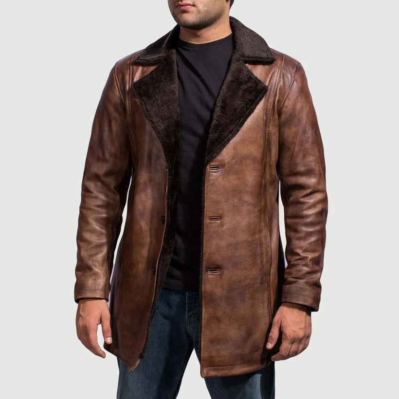 Cinnamon Distressed Leather Fur 가죽 롱 코트 남성용