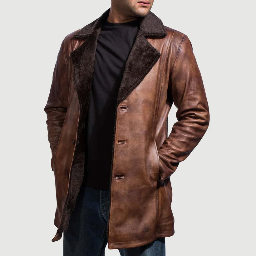 Cinnamon Distressed Leather Fur 가죽 롱 코트 남성용