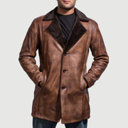 Men's Cinnamon Distressed Leather Fur 가죽 롱 코트 남성용 - Lateral Side Profile View Showing Sleeve Cut &amp; Athletic Taper Fit