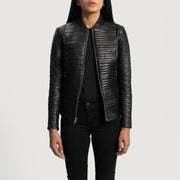 Women's Cityscape 블랙 가죽 라이더 자켓 여성용 - Lateral Side Profile View Showing Sleeve Cut &amp; Athletic Taper Fit