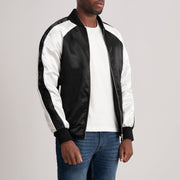 
Black & White Satin Varsity Jacket - 어깨 라인과 깔끔한 밑단이 돋보이는 뒷면 뷰