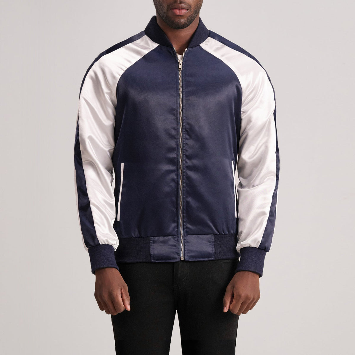 Clarke Blue Varsity 가죽 자켓 남성용 in Blue &amp; White Satin - Front Profile View &amp; Tailored Silhouette | Buy Online