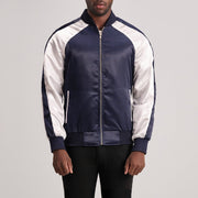 Clarke Blue Varsity 가죽 자켓 남성용 in Blue &amp; White Satin - Front Profile View &amp; Tailored Silhouette | Buy Online