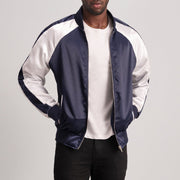 Clarke Blue Varsity 가죽 자켓 남성용 - Lateral Side Profile View Showing Sleeve Cut &amp; Athletic Taper Fit