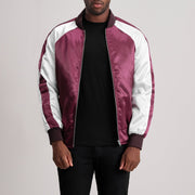 Clarke Maroon Varsity 가죽 자켓 남성용 - Lateral Side Profile View Showing Sleeve Cut &amp; Athletic Taper Fit
