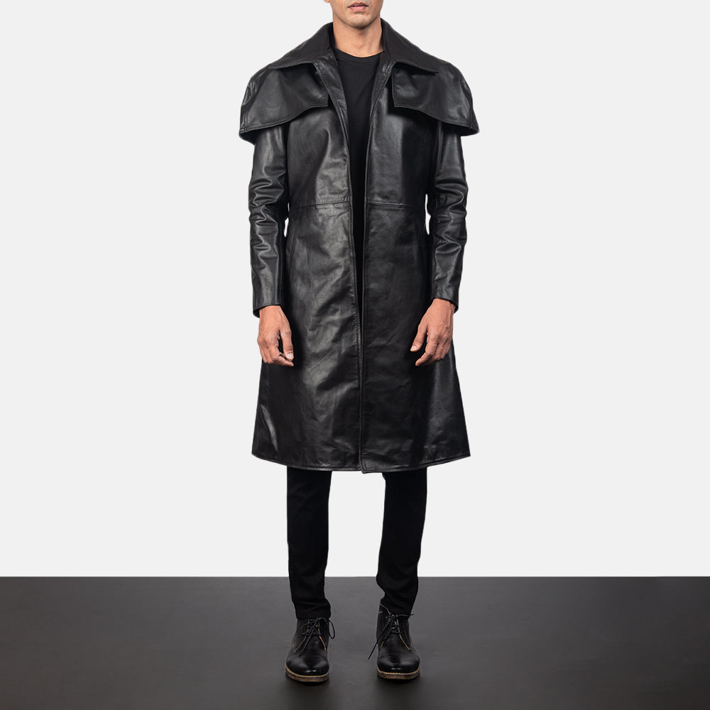 
Classic 블랙 Leather Duster 남성용 in Black Cowhide Leather - 정면 스타일 및 테일러드 실루엣 | 공식 온라인 스토어 구매