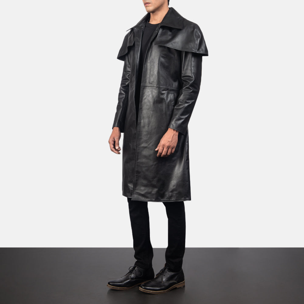 
Black Cowhide Leather Trench Coat - 어깨 라인과 깔끔한 밑단이 돋보이는 뒷면 뷰