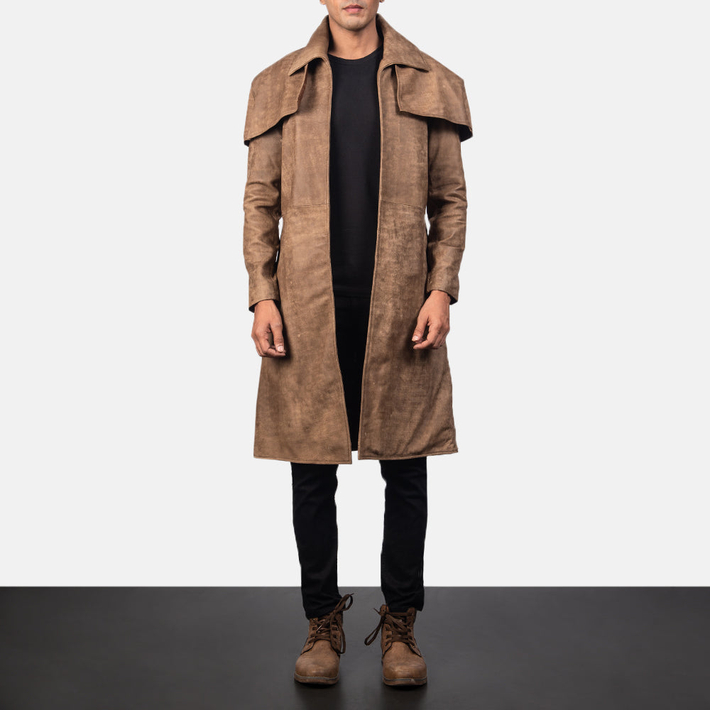 Men's Classic 브라운 Leather Duster 남성용 in Distressed Brown Sheepskin Snuffed - Front Profile View &amp; Tailored Silhouette | Buy Online