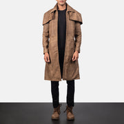 Men's Classic 브라운 Leather Duster 남성용 in Distressed Brown Sheepskin Snuffed - Front Profile View &amp; Tailored Silhouette | Buy Online