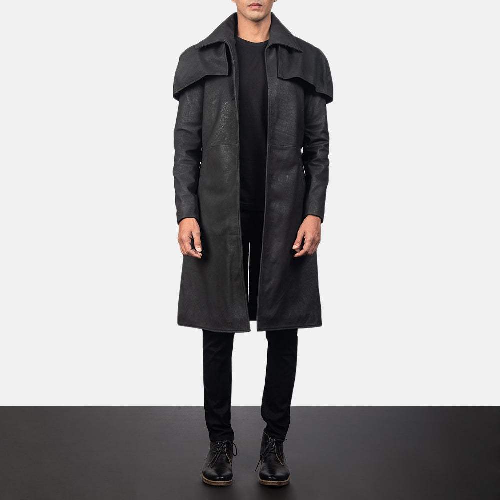 Men's Classic Distressed 블랙 Leather Duster 남성용 in Distressed Black Sheepskin Snuffed - Front Profile View &amp; Tailored Silhouette | Buy Online