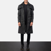 Men's Classic Distressed 블랙 Leather Duster 남성용 in Distressed Black Sheepskin Snuffed - Front Profile View &amp; Tailored Silhouette | Buy Online
