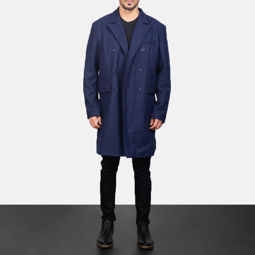 Claud Blue Wool Double-Breasted 가죽 롱 코트 남성용