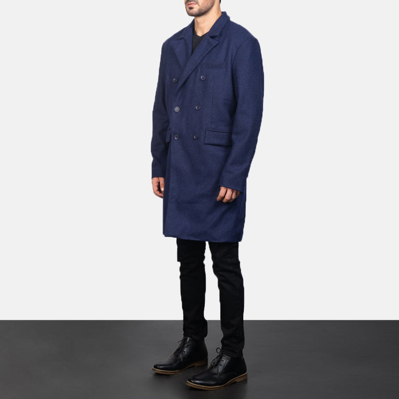 Claud Blue Wool Double-Breasted 가죽 롱 코트 남성용