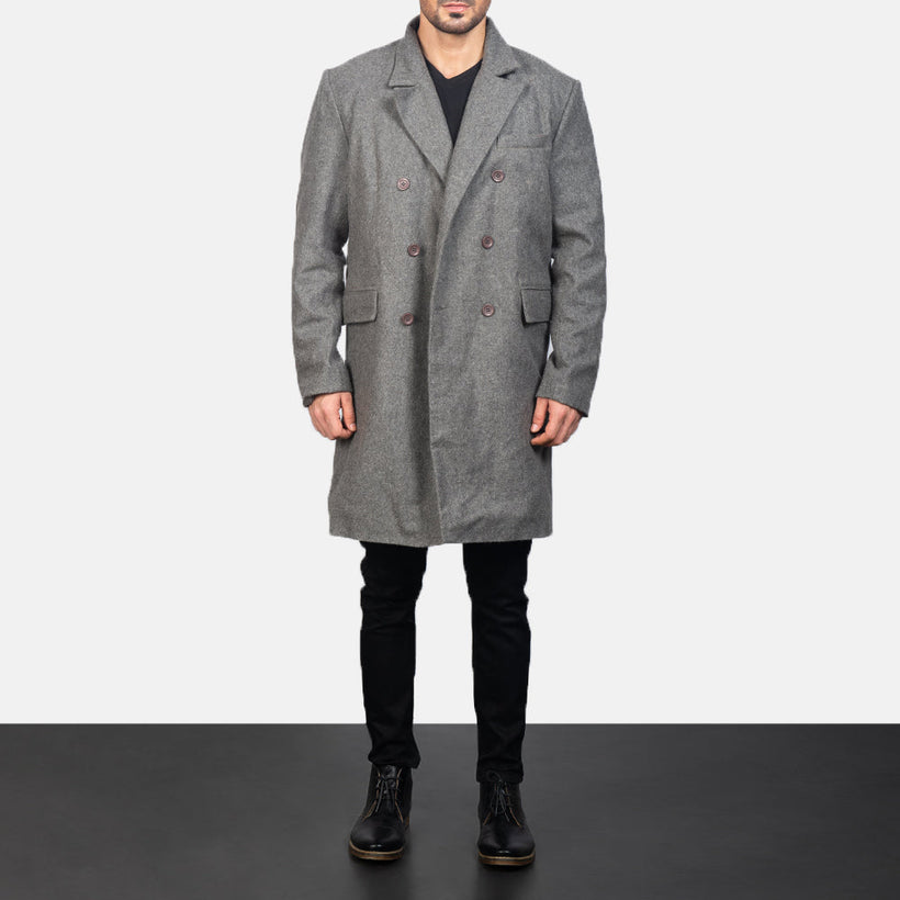 Claud Grey Wool Double-Breasted 가죽 롱 코트 남성용