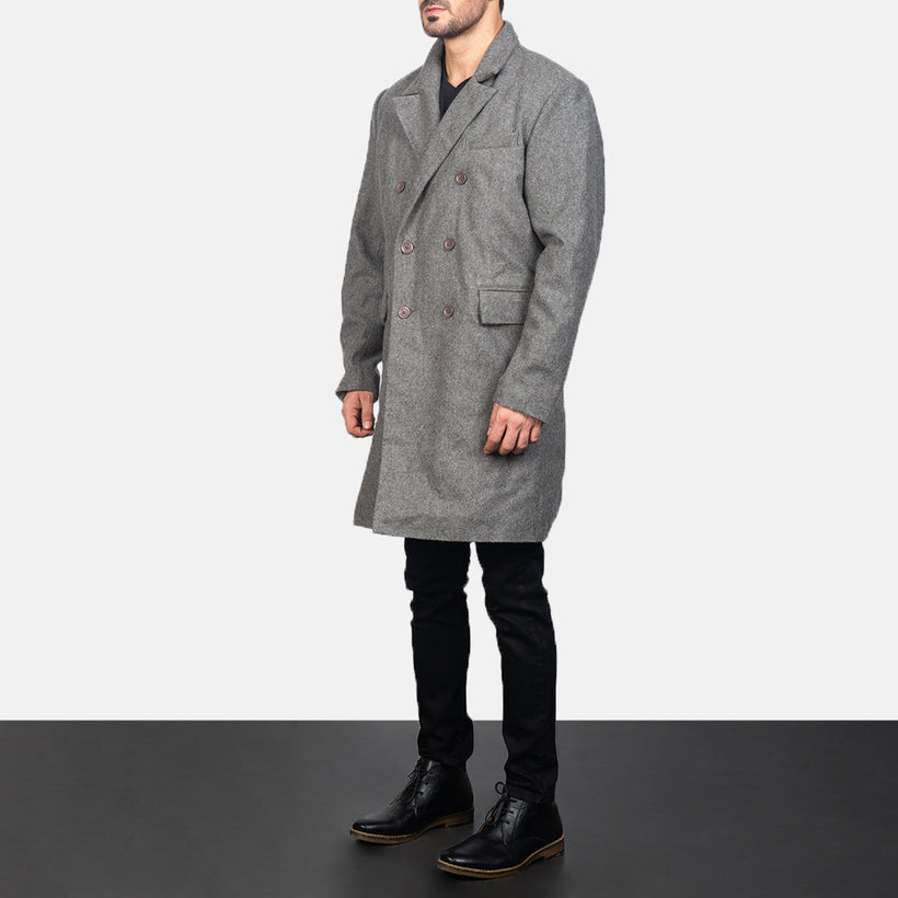 Claud Grey Wool Double-Breasted 가죽 롱 코트 남성용