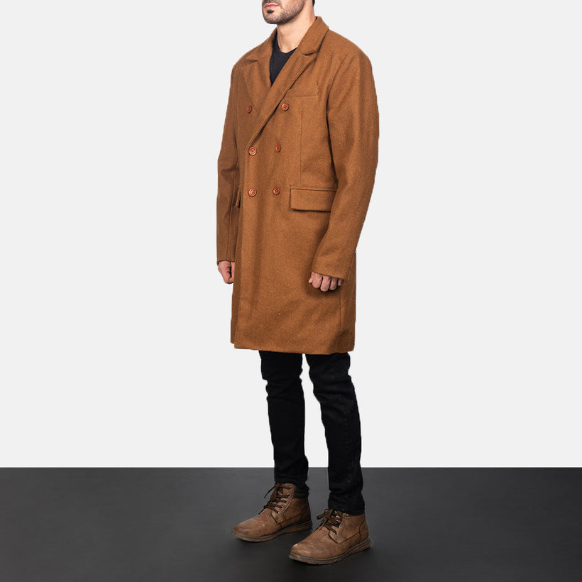 Claud Khaki Wool Double-Breasted 가죽 롱 코트 남성용